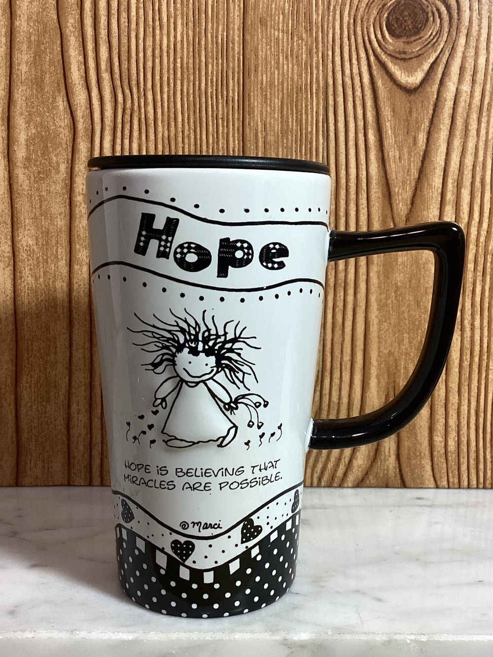 Marci “Children of the Light “ Hope Ceramic Travel Mug - White and Black
